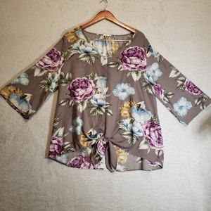 Oddy Women's Tie Front Floral Dusty Purple Blouse 1XL Plus Size Bow Shirt
